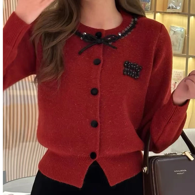 9215小香风羊毛针织开衫女重工订珠甜美蝴蝶结红色毛衣女