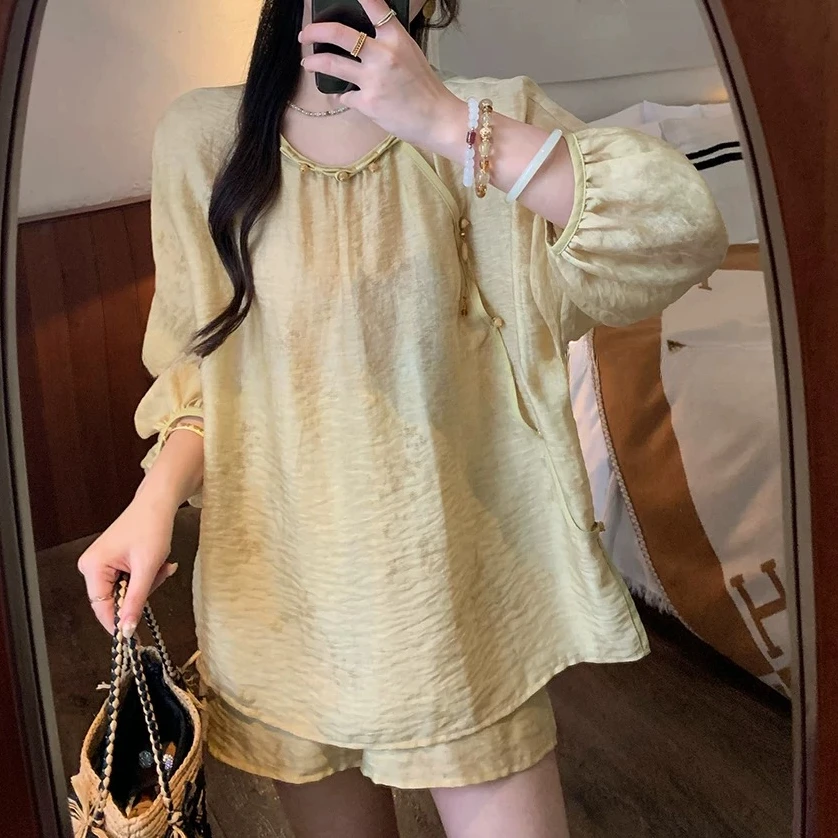圆领灯笼袖轻薄透气上衣女宽松慵懒风夏季松紧高腰阔腿短裤两件套