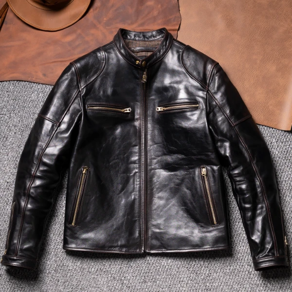 J100经典机车皮衣头层茶芯马皮男皮衣皮夹克外套手工擦色磨边做旧