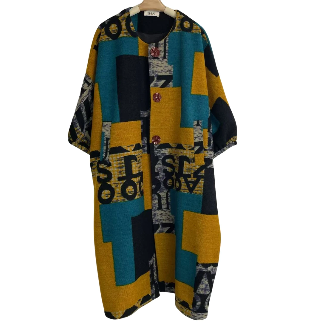 恬小霓（玲玲姐精选）1528/黄蓝/拼接/字母/个性/大衣/