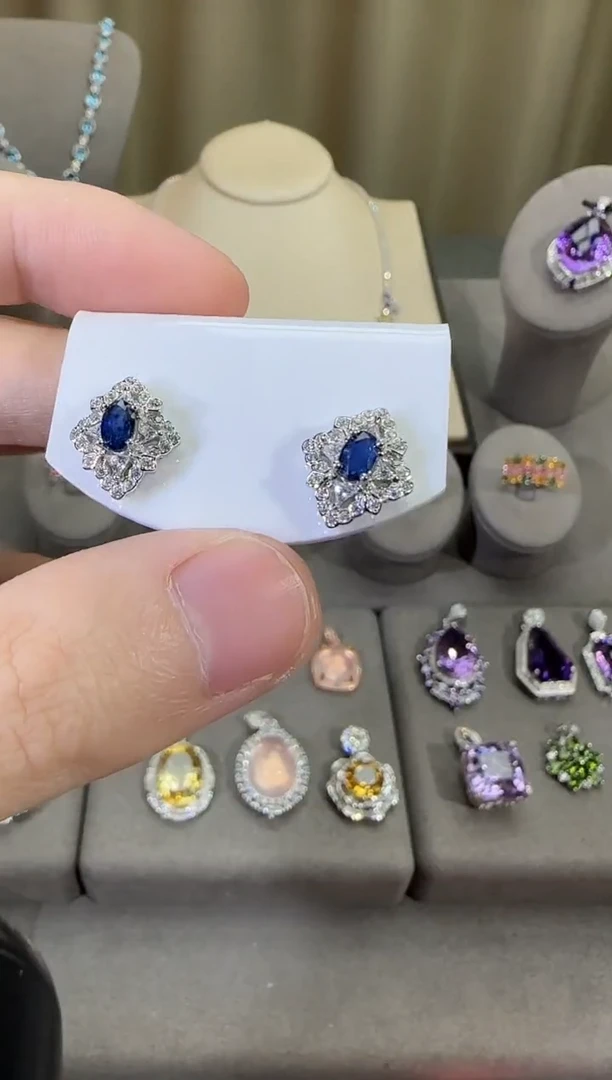 耳饰蓝宝石银S925镶嵌5*7mm耳钉简约款