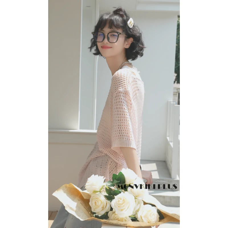 MoNvKiKiPlus“春知晓“高定设计纯欲轻熟镂空慵懒风针织T恤#1110