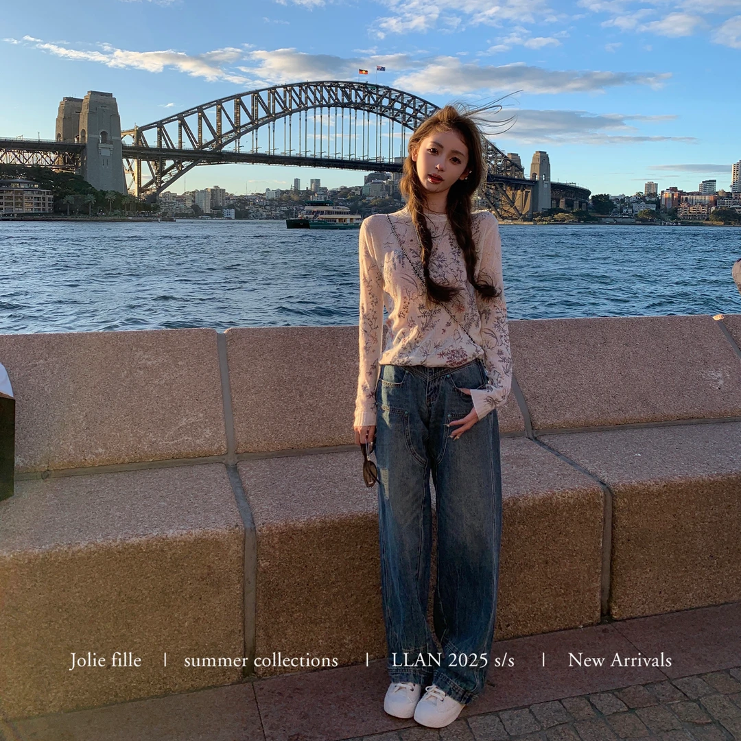 你的懒懒llan【绿松石】复古水洗做旧破洞宽松牛仔裤女LL-2591807