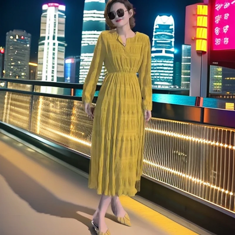 网红v领长裙法式气质纯色仙女连衣裙新款收腰显瘦雪纺A字中长裙夏