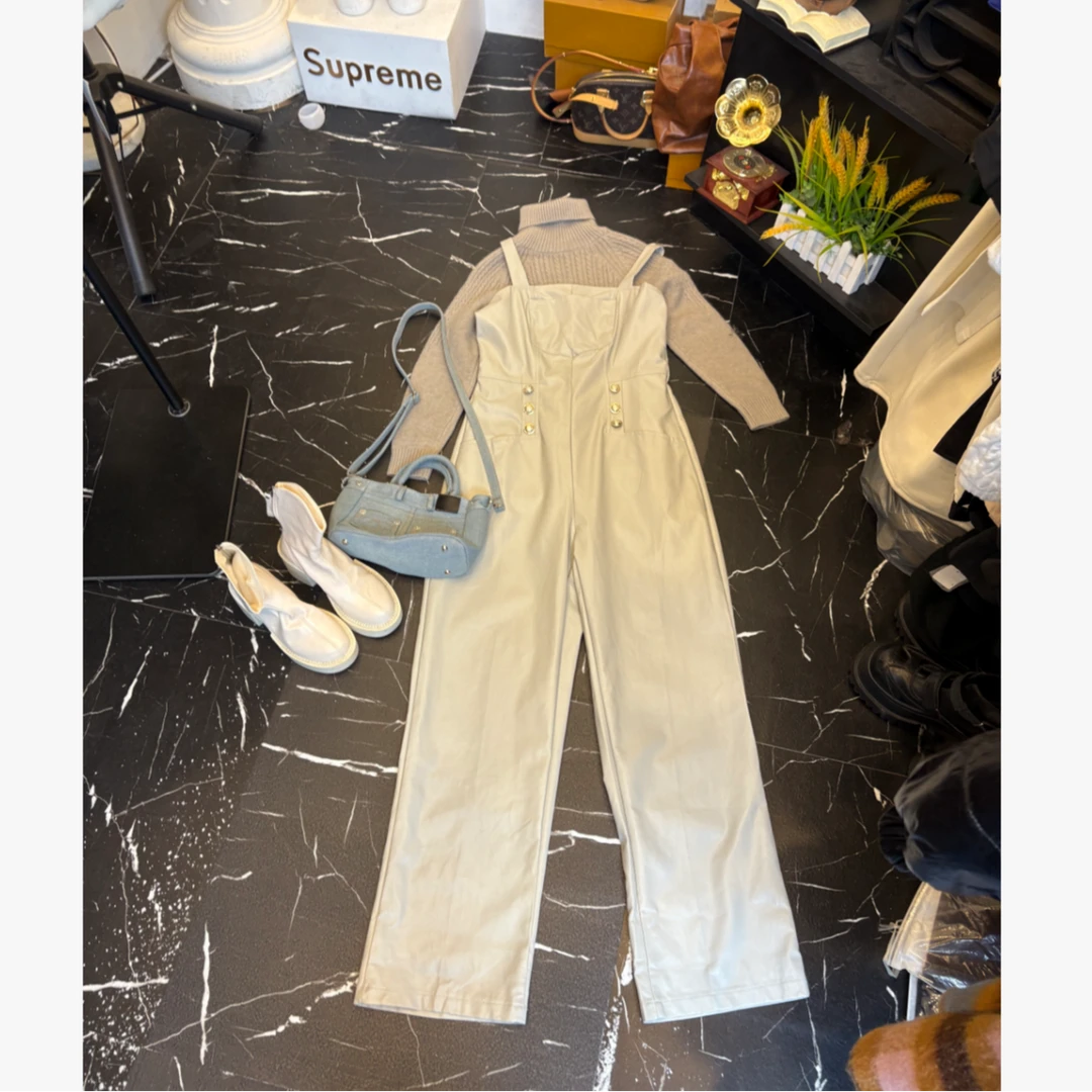 D25 122917 休闲高腰显瘦气质连体裤女新款宽松减龄皮皮背带裤