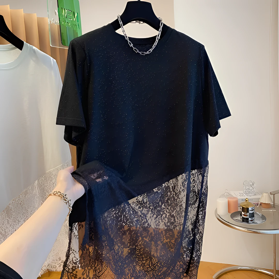 胖mm小众高级感网纱蕾丝拼接t恤女大码短袖夏中长款宽松外穿上衣