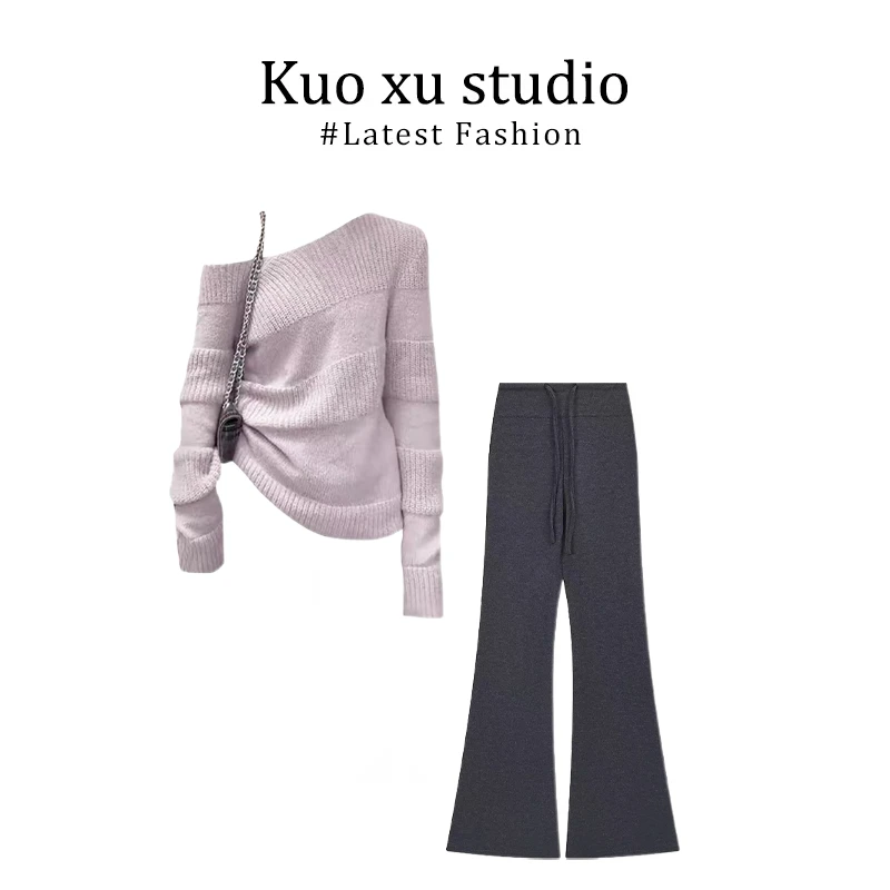2025秋季独特宽松显瘦打底气质针织上衣不规则露肩毛衣女修身裤子