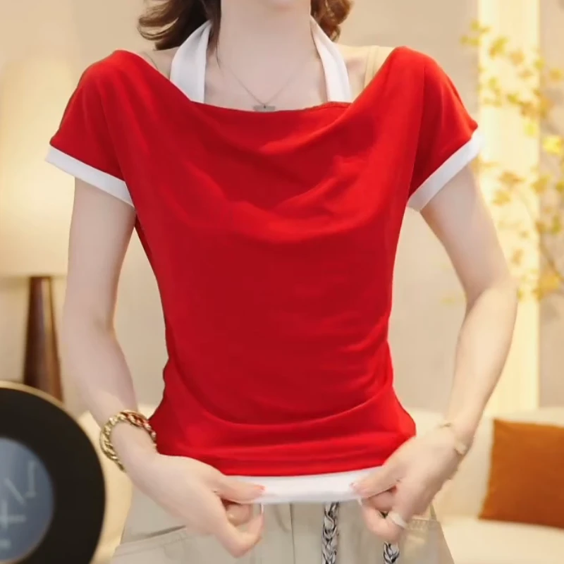 【温柔日落】夏季设计师轻奢优雅露肩挂脖时尚收腰T恤LK2504725