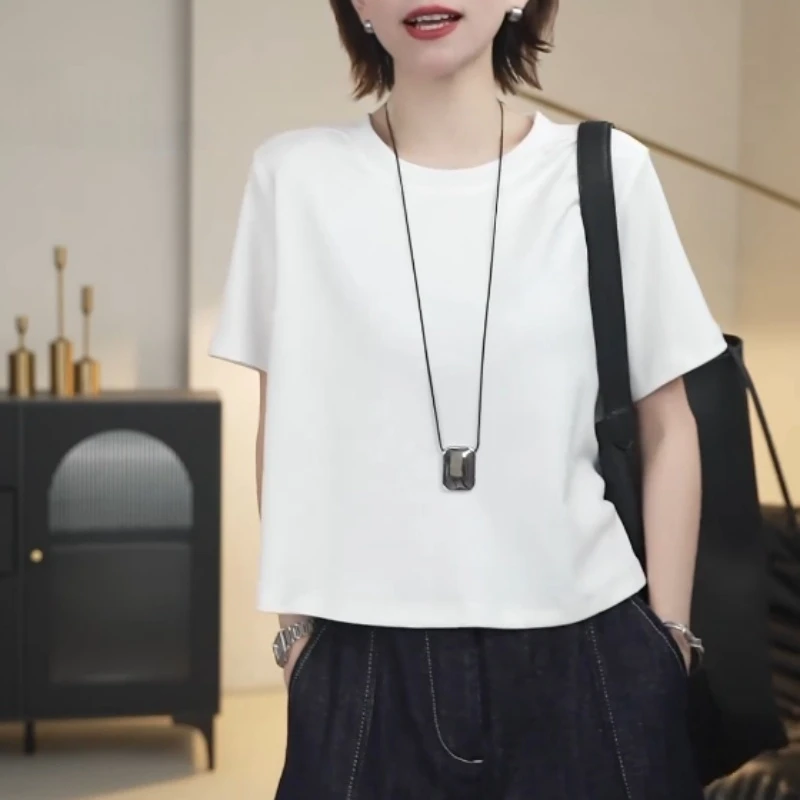 白色春夏爆款休闲简约百搭上衣女气质高端时尚通勤显瘦短袖T恤