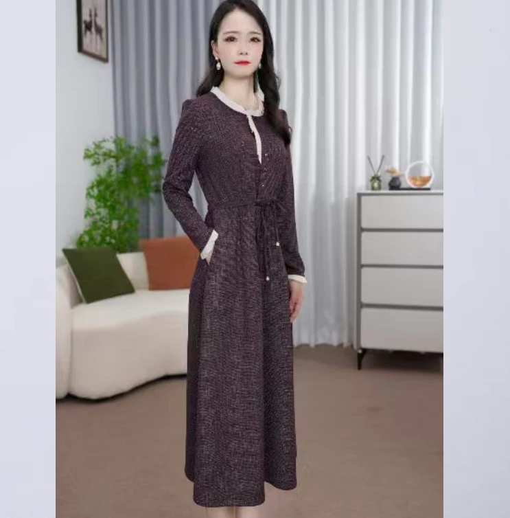 (CL033)2025新款翻领连衣裙中腰春秋长袖连衣裙收腰长裙轻奢秋装