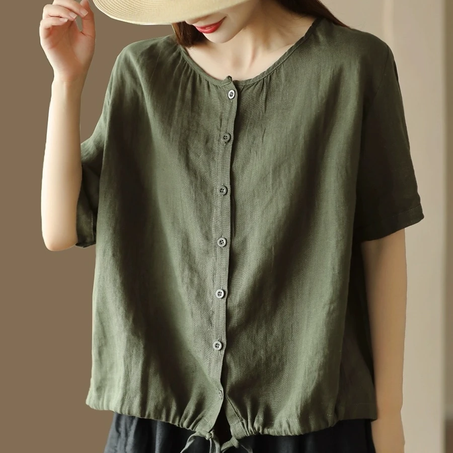 复古砂洗亚麻圆领衬衫女夏季纯色休闲短袖开衫下摆抽绳棉麻上衣薄
