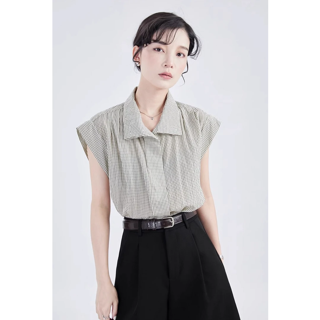 GUIER/桂儿杏色格子衬衫女宽松显瘦休闲百搭polo领无袖上衣G0792