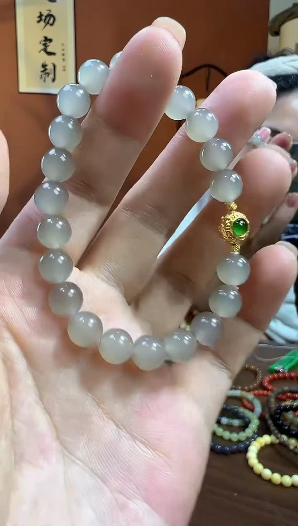 18K金镶嵌手串和田玉紫粉猫眼8mm