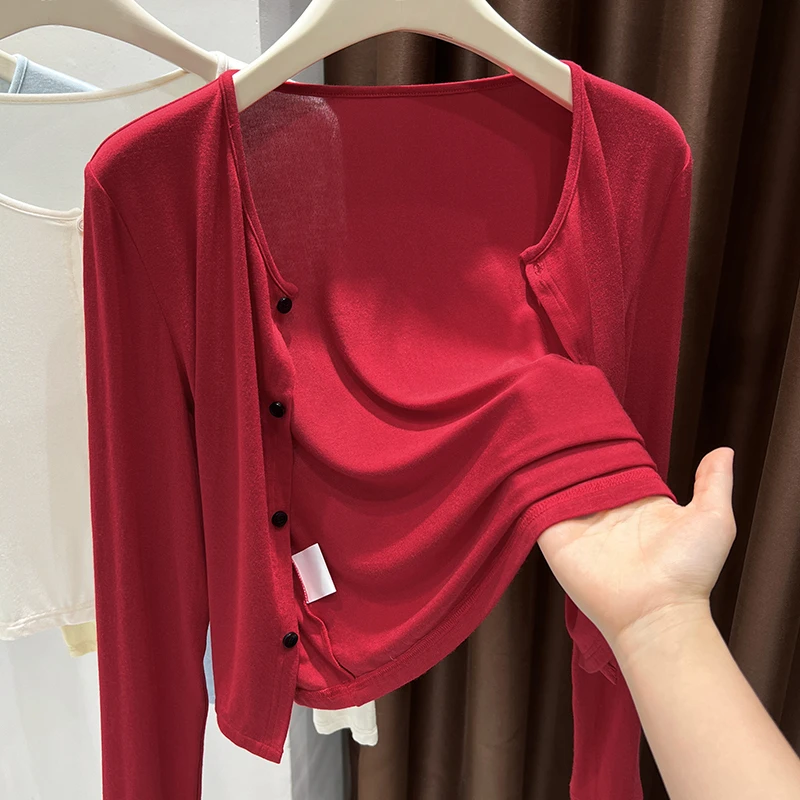 洋气小众V领针织长袖开衫女款超薄透气吊带裙外搭小坎肩防晒罩衫