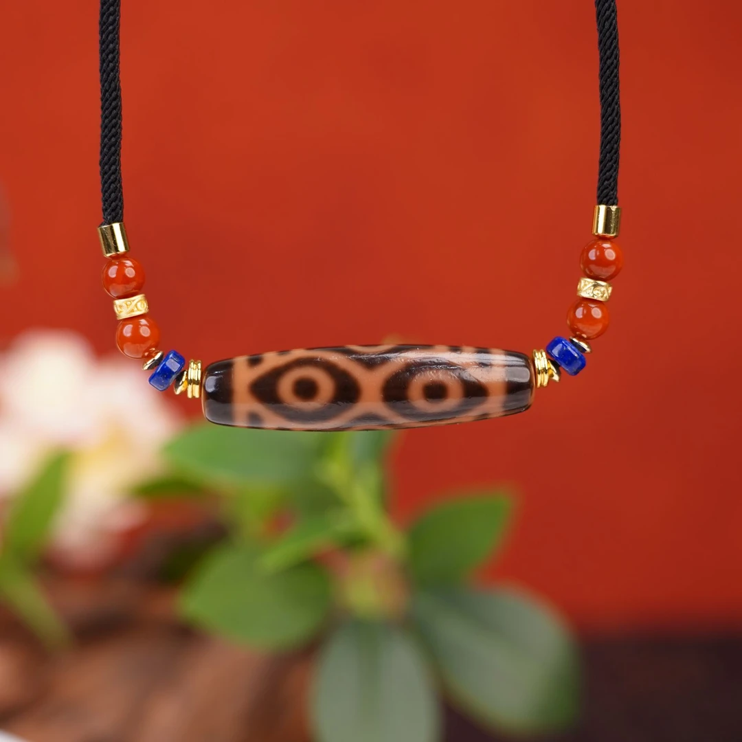 老玛瑙六眼天珠 多图腾脖挂 南红青金石配珠  DZT12049-6