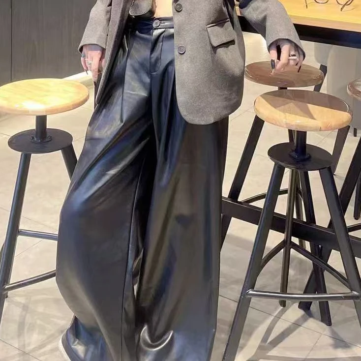 9089#女士新款简约皮裤黑色百搭复古休闲长裤