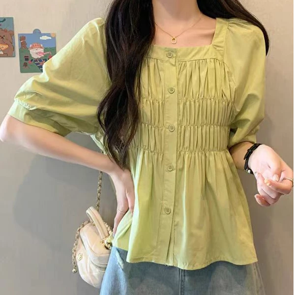 9821款泡泡袖短袖衬衫上衣