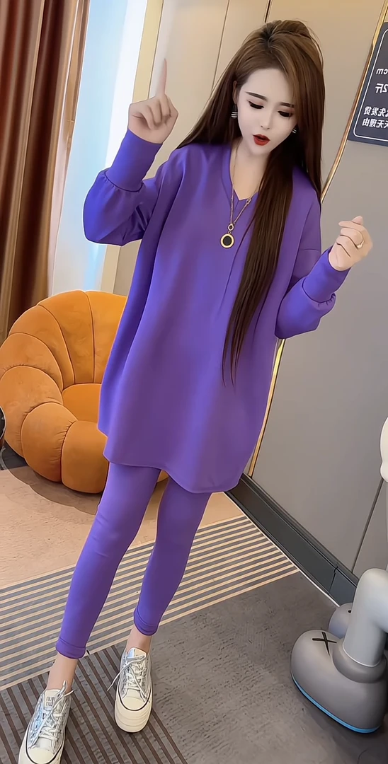 2025新款时尚简约春款V领宽松遮肉中长款两件套洋气时尚休闲套装.
