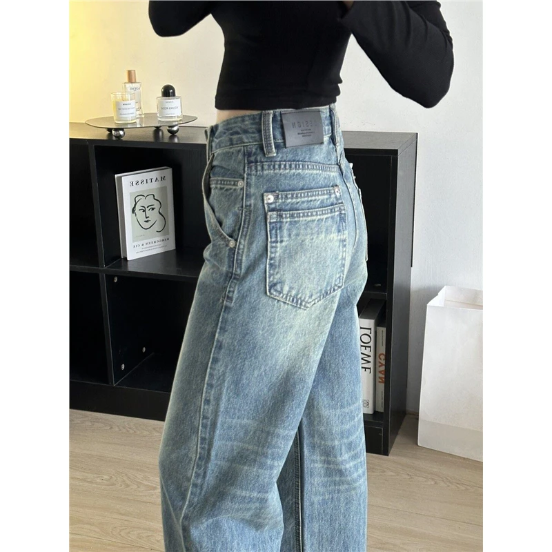 春款高腰不贴腿慵懒拖地裤子百搭美式复古水洗直筒显瘦牛仔裤女