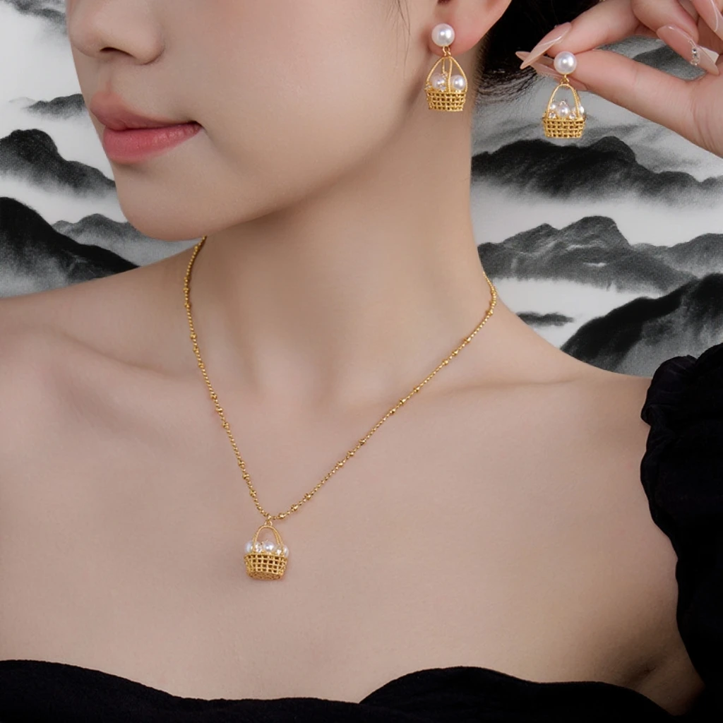 黄铜耳饰 编织镂空（财篮子）耳环女吊坠项链时尚百搭高级感设计