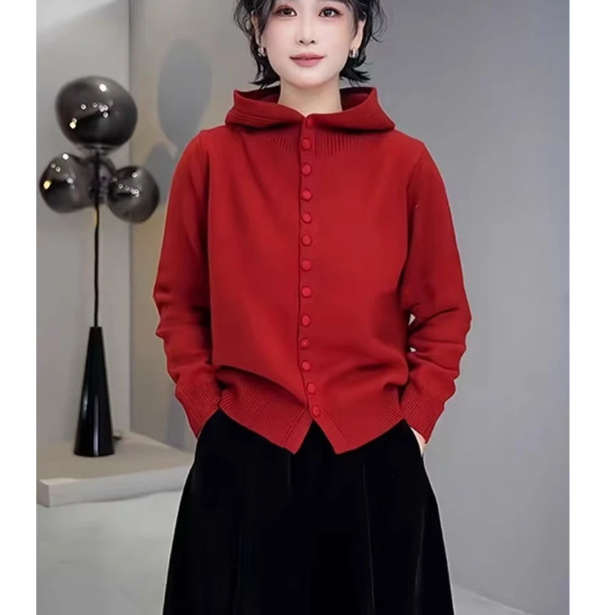 秋冬高领红色毛衣气质百搭秋冬长袖时尚连帽毛衣宽松百搭小个子