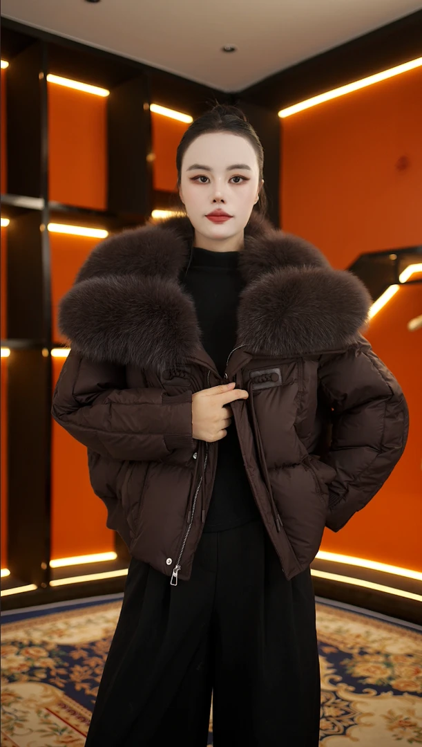 【有运费险】2025新款气质格栅毛领鸭绒羽绒服短款休闲时尚xw