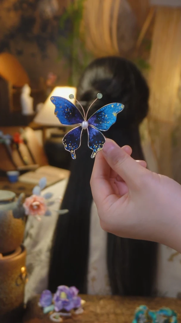 木非遗绒花蝴蝶边夹星空色
