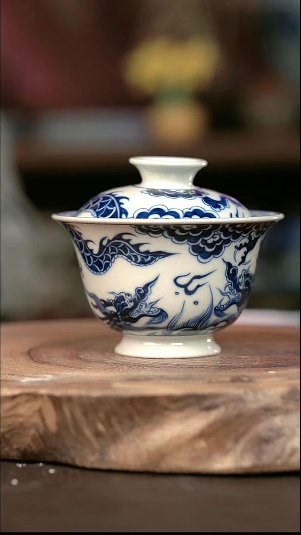 手绘 高温现代瓷  气窑   双龙 高足130c