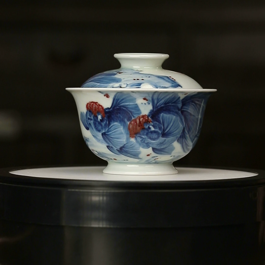 12.18/M35B5/晓月炉/林月红/青花釉里红金鱼二才盖碗