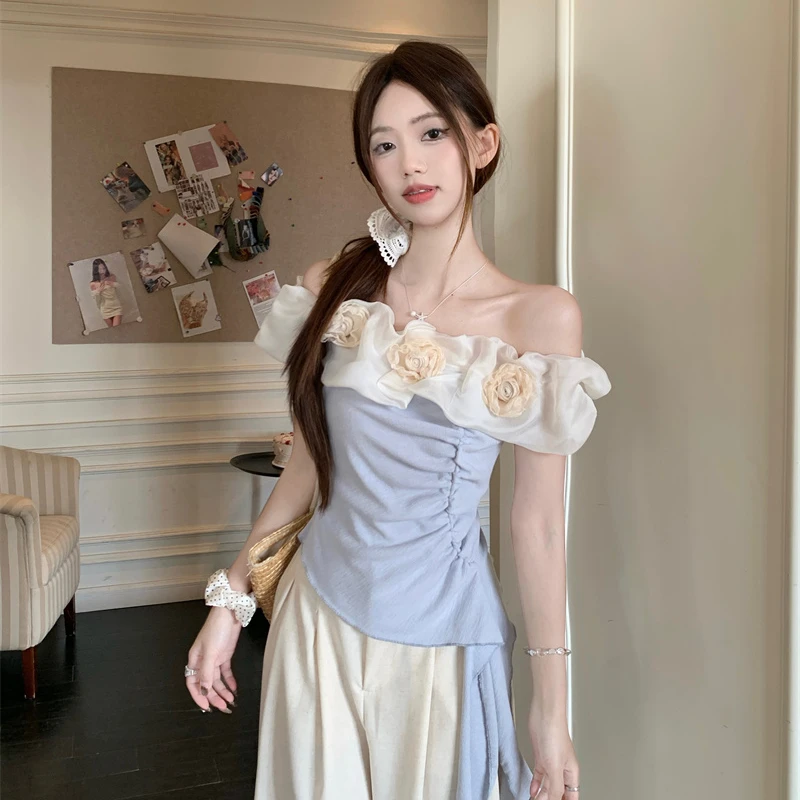 氛围感显瘦一字肩T恤女夏季小众纯欲风不规则修身女装飘带上衣