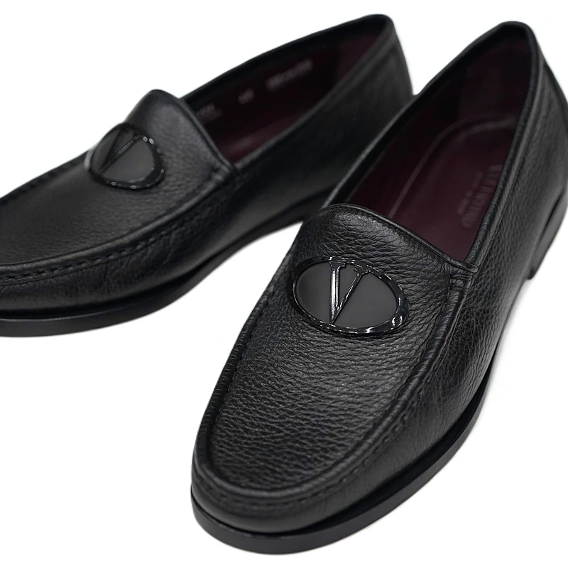 GIOVANNI VALENTINO春夏款黑色男士商务休闲v字一脚蹬皮鞋真皮