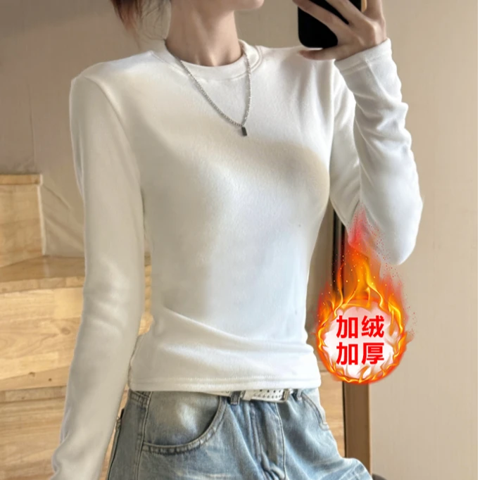 【加绒加厚】秋冬摇粒绒秋冬打底衫正肩圆领收腰长袖T恤女8001