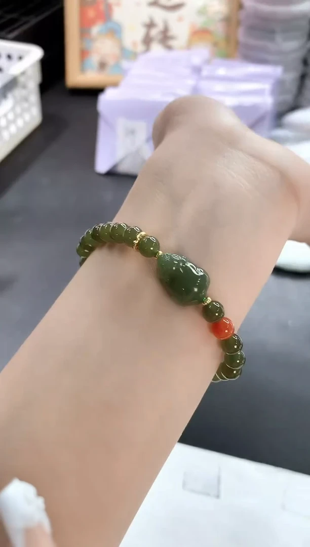 手镯玛瑙/玉髓未镶嵌和田玉貔貅手串加南红珠子