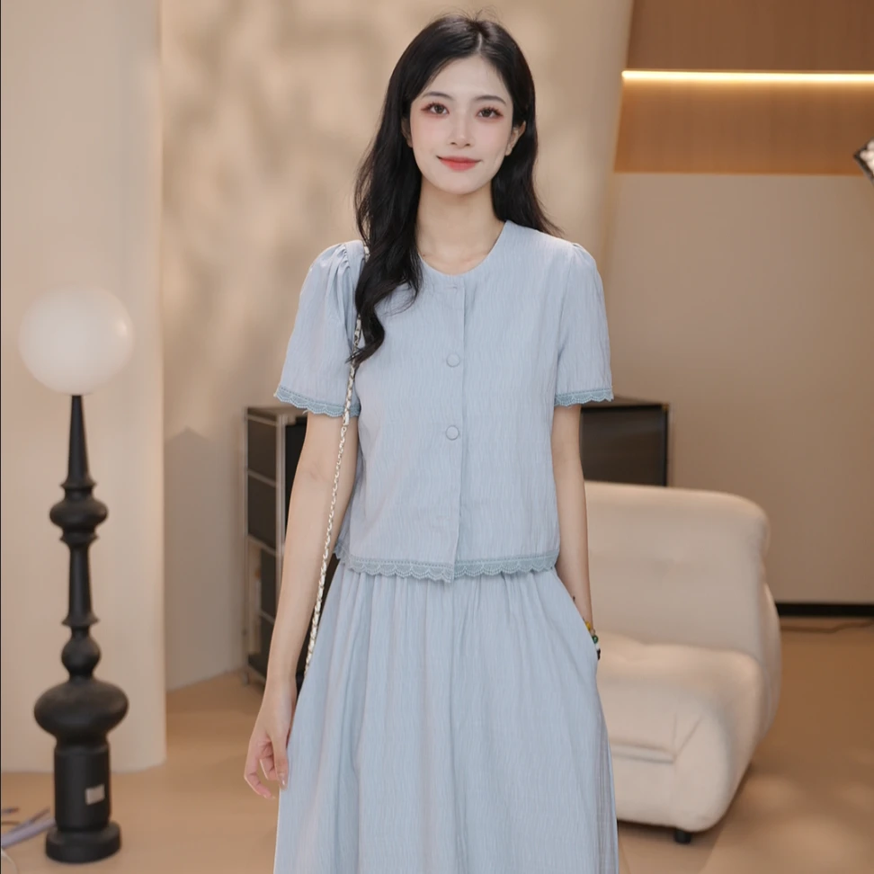 Basic House/百家好CSM新款夏季小清新时尚短袖半身裙俩件套