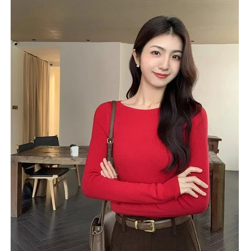 一字船领毛衣女秋冬修身显瘦内搭打底衫薄款针织衫上衣长袖时尚