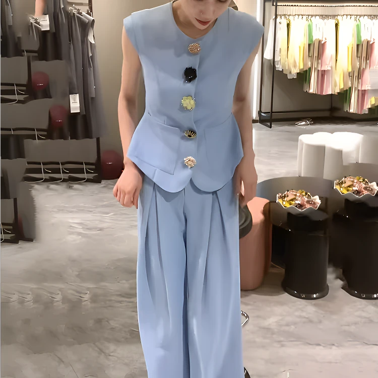 时尚套装女2025夏季新款职业气质显瘦立体花无袖马甲阔腿裤两件套