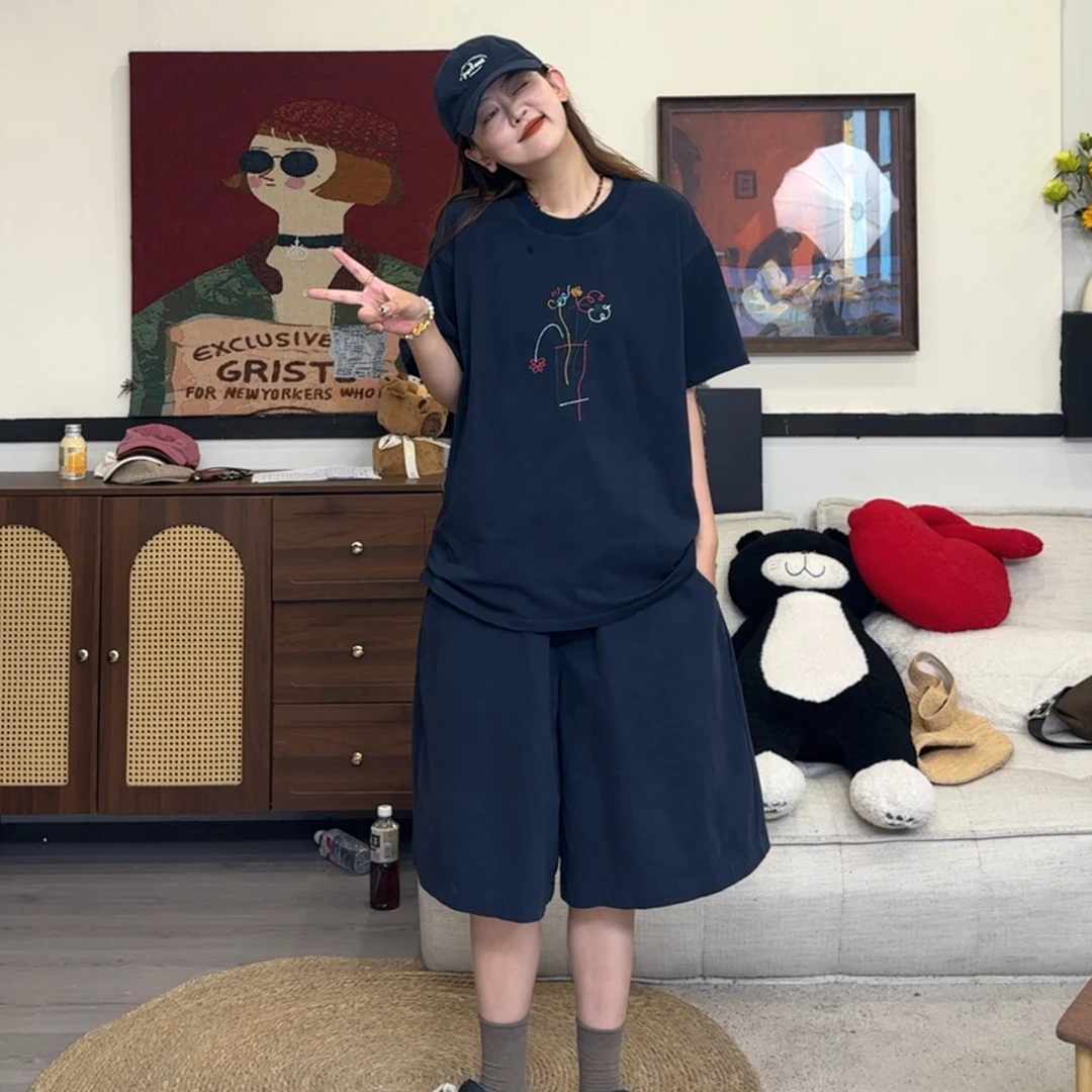 橘子罐头新款百搭宽松夏季休闲森系复古显白刺绣简笔画T恤