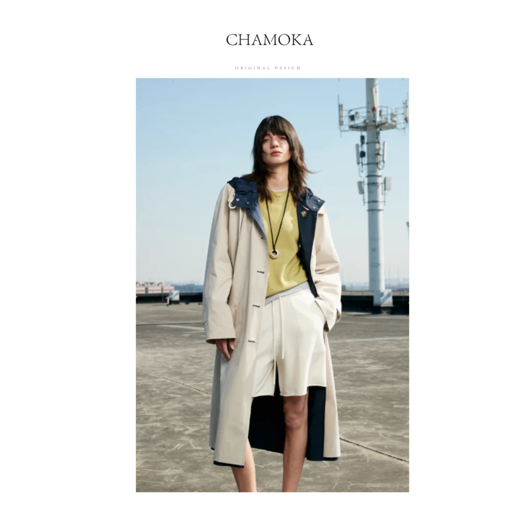 【夏莫卡】重磅轻奢大牌天丝棉时髦松弛撞色连帽廓形长风衣L1085