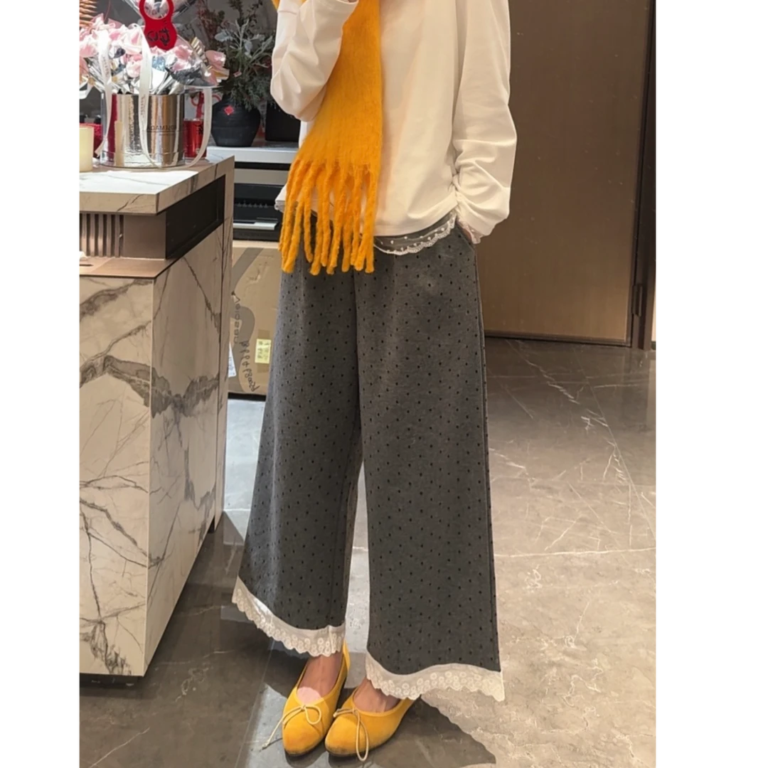 早春韩系花边拼接波点休闲裤女2025新款宽松时尚百搭小众阔腿裤