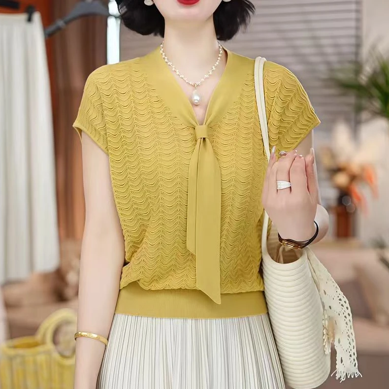 夏季系带飘带V领薄款冰丝领带针织衫女短袖宽松显瘦气质大码上衣