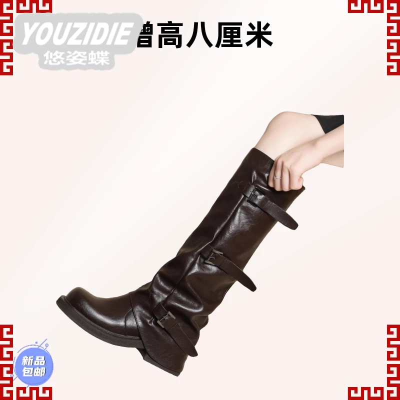 8cm内增高骑士靴女2025新款秋冬厚底皮带扣裤管褶皱堆堆长筒靴子