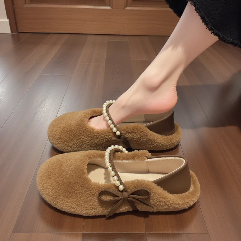 小香风玛丽珍羊羔毛毛鞋女冬2025新款网红一脚蹬黑色加绒珍珠单鞋