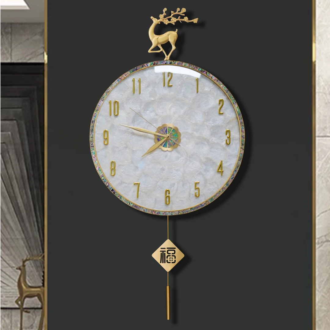 福鹿古铜贝壳轻奢钟表挂钟现代简约时尚创意客厅装饰静音挂墙时钟