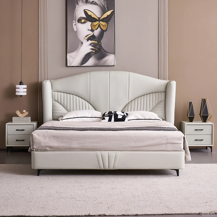 HS988轻奢主卧家具婚床1.8×2米真皮大床高箱储物主卧室真皮床