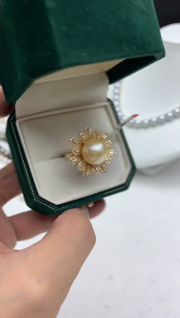 银S925镶嵌FF海水珍珠金珠戒指v016