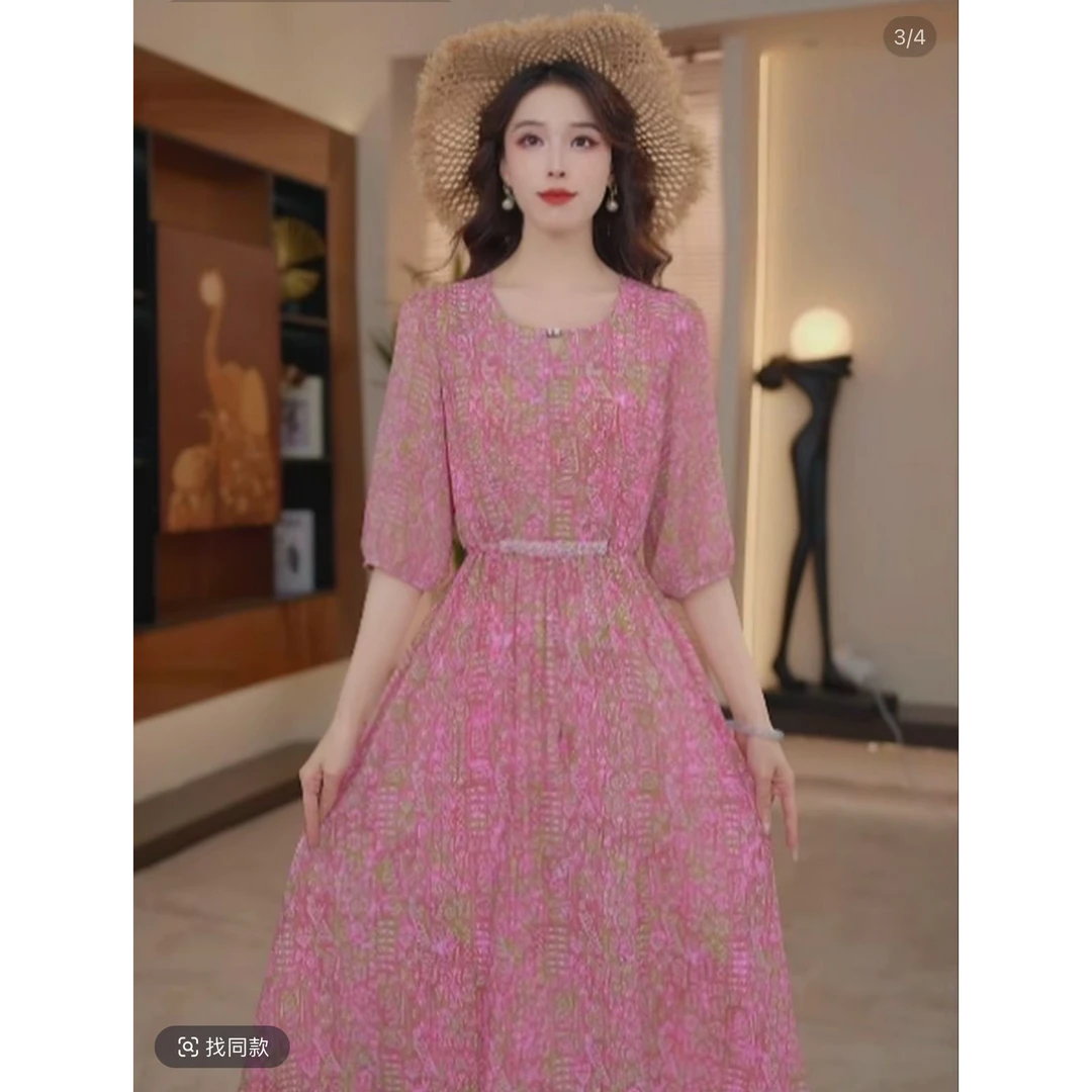 2025新款夏季中长款时尚百搭气质宽松减龄连衣裙-