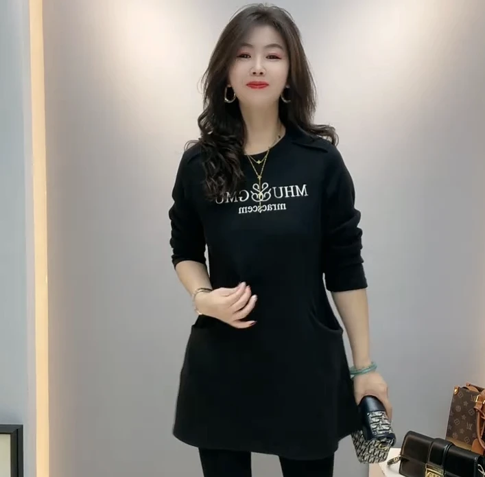 纯色字母印花中长款长袖加绒卫衣时尚百搭显瘦款