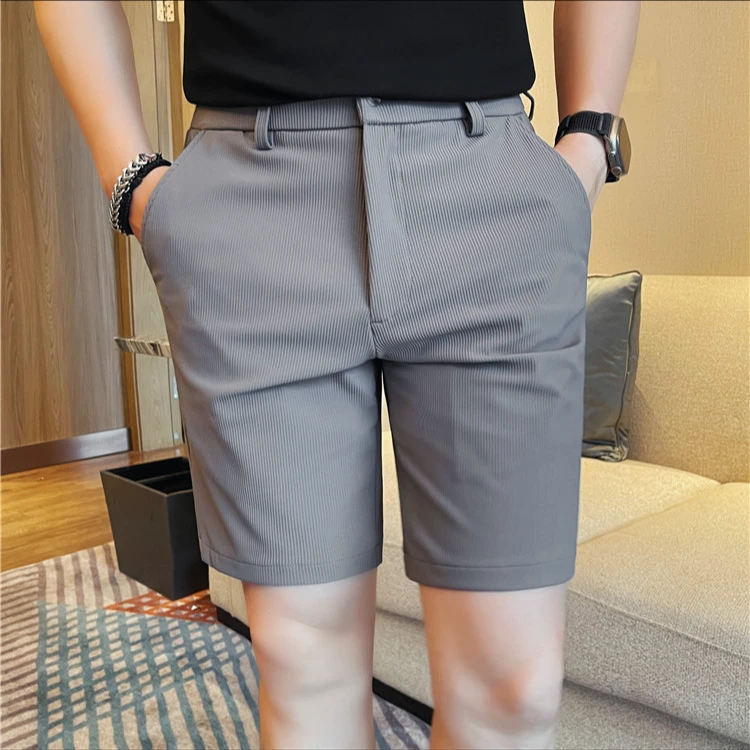 冰丝高弹力短裤男款夏季韩版修身时尚暗条纹松紧腰直筒五分裤男士