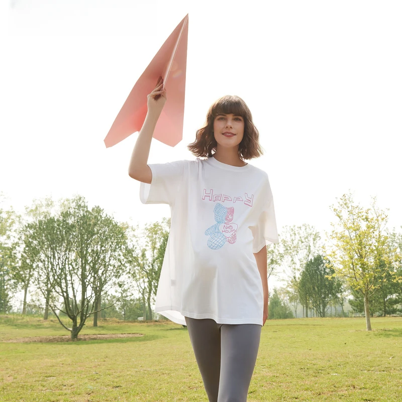 孕妇小熊印花百搭T恤2025新款中长款孕妇短袖夏季宽松上衣6231239