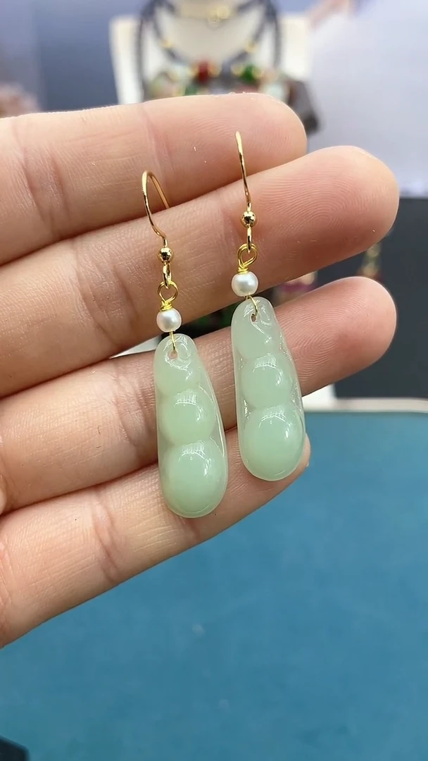 【闪购商品】和田玉耳饰14K金镶嵌四季豆耳钩